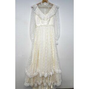 J C PENNEY WEDDING GOWN VINTAGE WHITE ROSE FLOWER LACE BALL GOWN Sz 9/10 XS/S